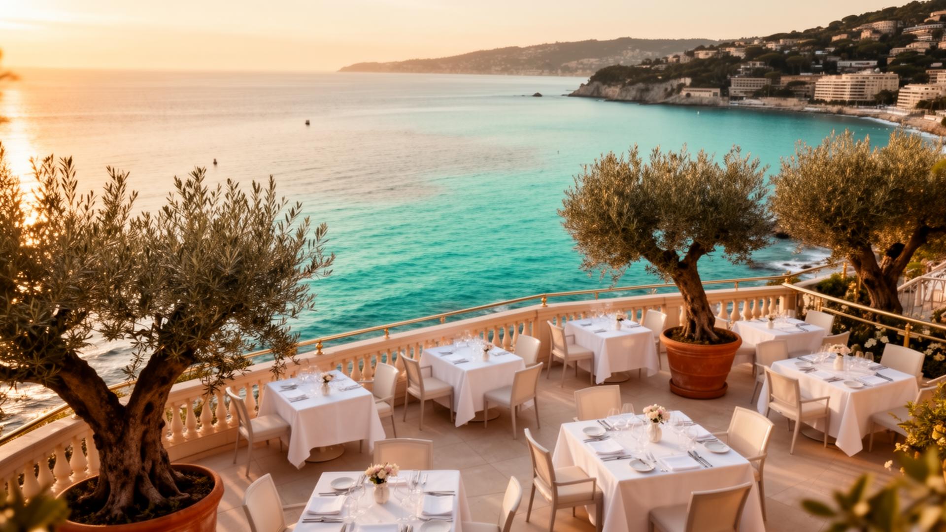 Terrasse de L'Oiseau Bleu surplombant la Méditerranée au coucher du soleil