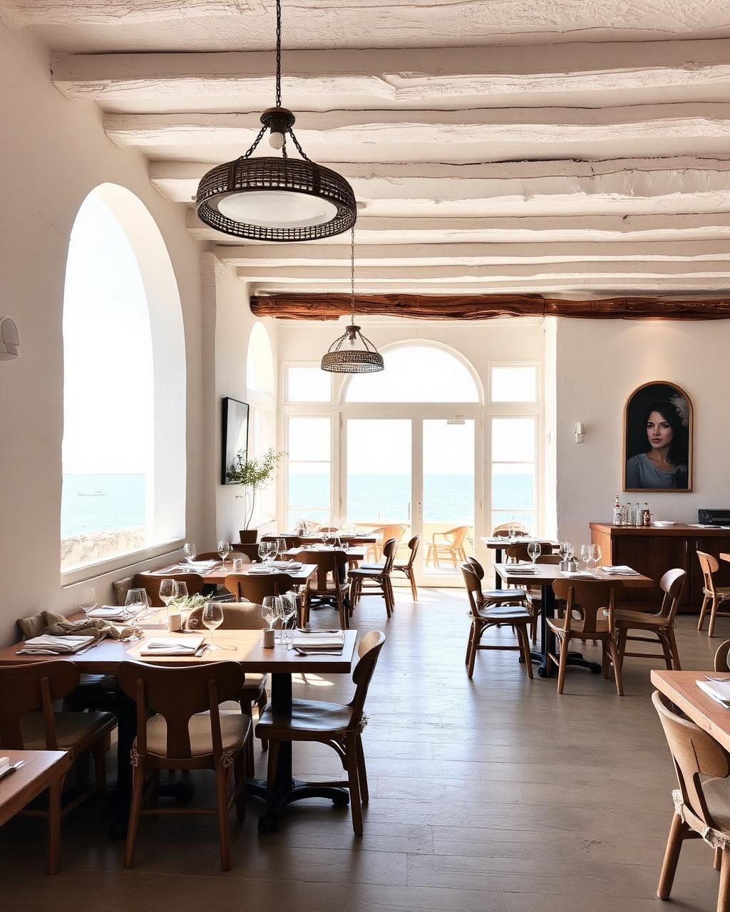 Salle intérieure du restaurant aux murs blanchis et mobilier en bois flotté
